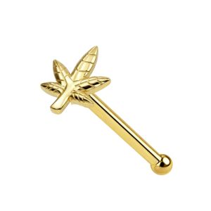 10K Solid Yellow Gold Marijuana Leaf Nose Stud 22G – Ball End Nose Pin