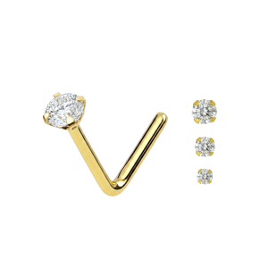 18K Solid Yellow Gold Prong-Set CZ Jeweled L-Bend Nose Stud (22G)