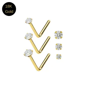 18K Solid Yellow Gold Prong-Set CZ Jeweled L-Bend Nose Stud (22G)