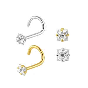 20G Surgical Steel Square CZ Stone Nose Screw Stud