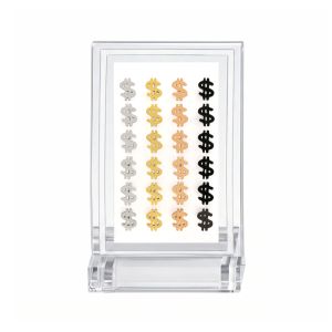 Assorted finish variations of G23 titanium dollar sign labrets featuring silver, gold, rose gold, and black color options in a 24-piece display kit.