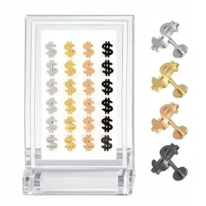 Professional wholesale display of a 24-piece G23 titanium dollar sign labret kit arranged in assorted silver, gold, rose gold, and black finishes.