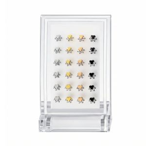 Wholesale G23 titanium jeweled animal paw labret studs display set in clear acrylic stand, 24-piece assorted silver, gold, rose gold, and black body jewelry collection.
