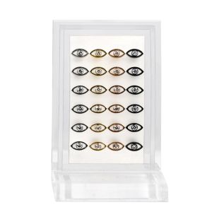 Wholesale G23 titanium jeweled evil eye labret studs display set in clear acrylic stand, 24-piece assorted silver, gold, rose gold, and black body jewelry collection.