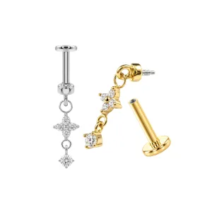 316L Surgical Steel Four-Petal Flower Dangle Internal Thread Flat Back Labret in steel and gold PVD finishes.