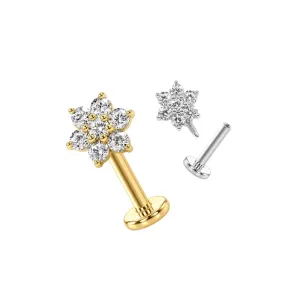 ETP310 CZ flower cluster labret piercings showing the internally threaded connection between the floral top and surgical steel post in silver and gold.