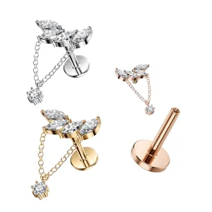 316L Surgical Steel 4 Marquise Jeweled Chain With Round CZ Dangle Hidden Helix Flat Back Piercing