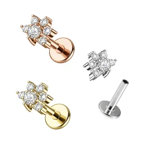 316L Surgical Steel 6 Petals Flower Design With CZ Jeweled  Internally Threaded Top Flat Back Labret