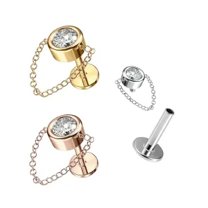 316L Surgical Steel Bezel Setting Jeweled Round CZ Dangling Chain Hidden Helix Flat Back Piercing