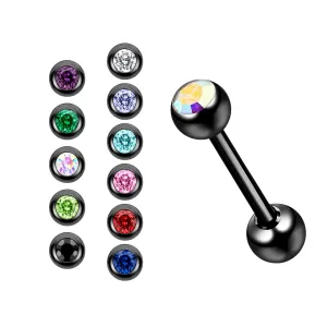 316L Surgical Steel Black PVD Anodized Tongue Barbell with CZ Jeweled Stone Ball