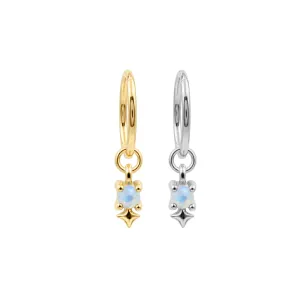 Gold and steel color variations of 316L surgical steel celestial north star opal CZ hinged clickers shown from the front and side.