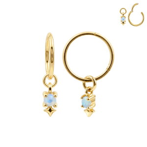 Front and side-angle views of a gold 316L surgical steel celestial north star opal CZ hinged clicker with a dangling celestial charm.