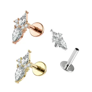 316L Surgical Steel Coffin & Pear Cut CZ Internally Threaded Top with Flat Back Labret