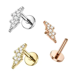 316L Surgical Steel CZ Jeweled Lighting bolt Shape Design Internally Threaded Top with Flat Back Labret