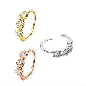 316L Surgical Steel CZ Jeweled Triple Flower Hinged Segment Clicker Ring