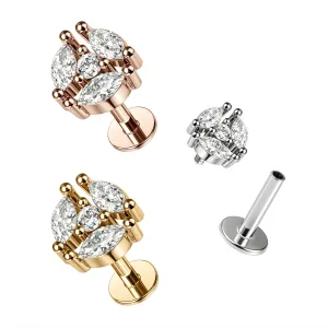 316L Surgical Steel CZ Jeweled Triple Marquise Stone Internally Threaded Top with Flat Back Labret