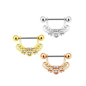 316L Surgical Steel CZ Paved Filigree Heart Nipple Shield