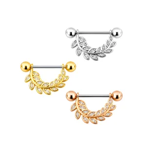 316L Surgical Steel CZ Paved Olive Leaf Nipple Barbell