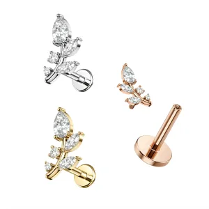 316L Surgical Steel CZ Stone Leaf Design Internally Threaded Top with Flat Back Labret