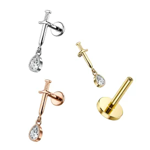 316L Surgical Steel Dagger with Dangling Tear Drop Top with Flat Back Labret