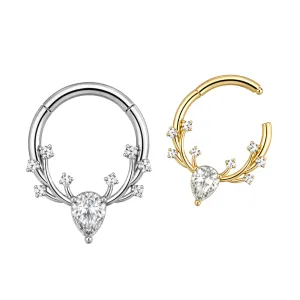 316L Surgical Steel Round CZ with  Antlers Design Hinged Segment Clicker Ring
