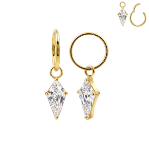 Front and side views of a gold 316L surgical steel kite CZ hinged clicker featuring a clear faceted kite-shaped stone charm.