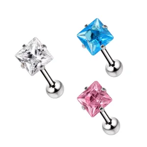316L Surgical Steel Tongue Barbell with Square Shape CZ Stone