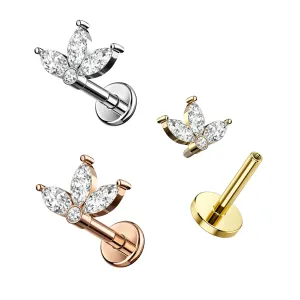 316L Surgical Steel Marquise Leaf Cluster CZ Internal Thread Flat Back Labret | 16G