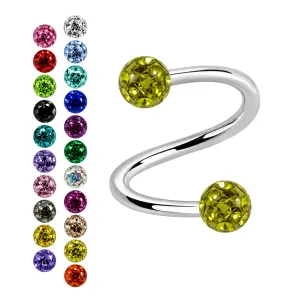 316L Surgical Steel Twisted Barbell with Epoxy Covered Multi Crystal Stone Ball
