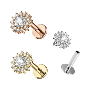 316L Surgical Steel Zirconia Flower Design Internally Threaded Top with Flat Back Labret