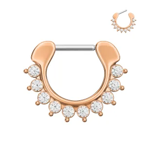 Rose Gold PVD Single Line 9 CZ's Pronged Septum Clicker Piercing