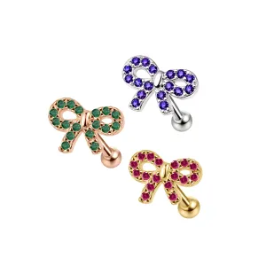 925 Sterling Silver CZ Jeweled Bow Cartilage Tragus Piercing Ear Stud