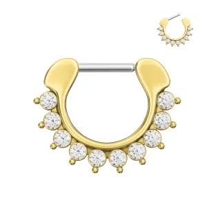 Gold PVD Single Line 9 CZ's Pronged Septum Clicker Piercing