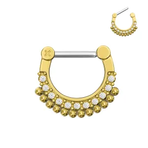 Gold PVD Single Line Micro Paved CZ with Tribal Dots Septum Clicker