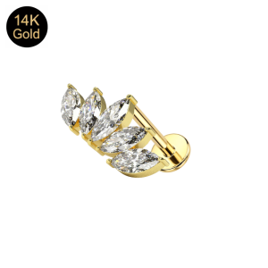 Fully assembled 14K solid yellow gold internally threaded labret with a luxury 5-stone marquise CZ crown and high-polish 16G flat disk base.