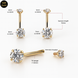 14K Gold Belly Button Ring with Double Clear CZ Gems