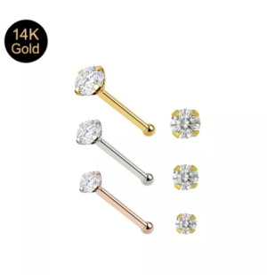 14K Gold Round Jeweled Ball End Nose Pin | 22G | 8 pieces box