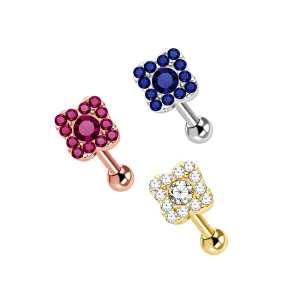 925 Sterling Silver Square Flower CZ Jeweled Cartilage Tragus Piercing Ear Stud