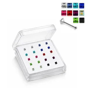 Professional wholesale display box of 925 sterling silver 2.5mm square jeweled ball end nose studs.