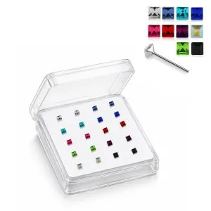 925 Sterling Silver 2.5mm Square Jeweled Straight End Nose Stud Box (20pcs / 40pcs)