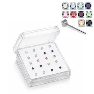 Wholesale acrylic display box containing 20 piece sets of 925 sterling silver straight end nose bones with 2mm round claw-set rhinestones.