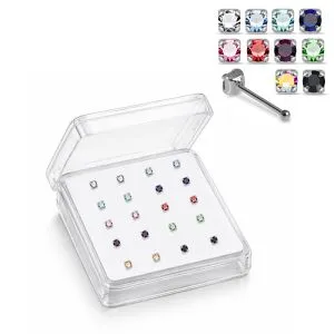 20-piece display box of 925 sterling silver nose studs featuring 2mm round claw-set rhinestones.