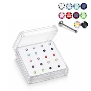 Professional 20pc and 40pc bulk display boxes of 925 sterling silver ball end nose studs with 2mm round rhinestones.