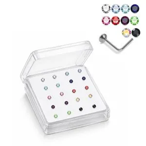 925 Sterling Silver 2mm Round Jeweled L-Bend Nose Stud Box (20pcs)