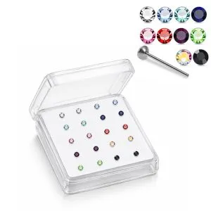 925 Sterling Silver 2mm Round Jeweled Straight End Nose Stud Box (20pcs / 40pcs)