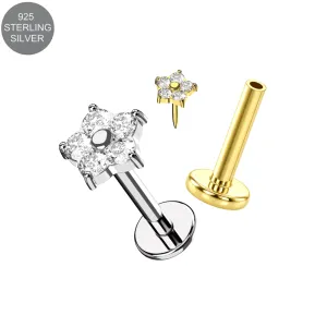 925 Sterling Silver CZ Flower Threadless Push-Fit Labret showing complete set and separate threadless pin assembly (ETP130-132).