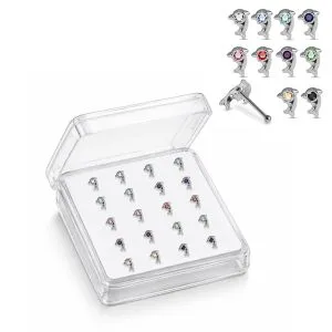 Professional wholesale display box of 925 sterling silver dolphin jeweled ball end nose studs.