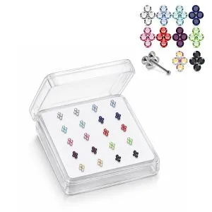 925 Sterling Silver 4-Stone Flower Cluster Ball End Nose Stud Box (20pcs / 40pcs)