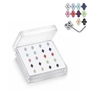 Professional 20-piece wholesale display box of 925 sterling silver flower cluster L-bend nose studs.