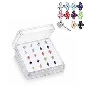 925 Sterling Silver 4-Stone Flower Cluster Straight End Nose Stud Box (20pcs / 40pcs)